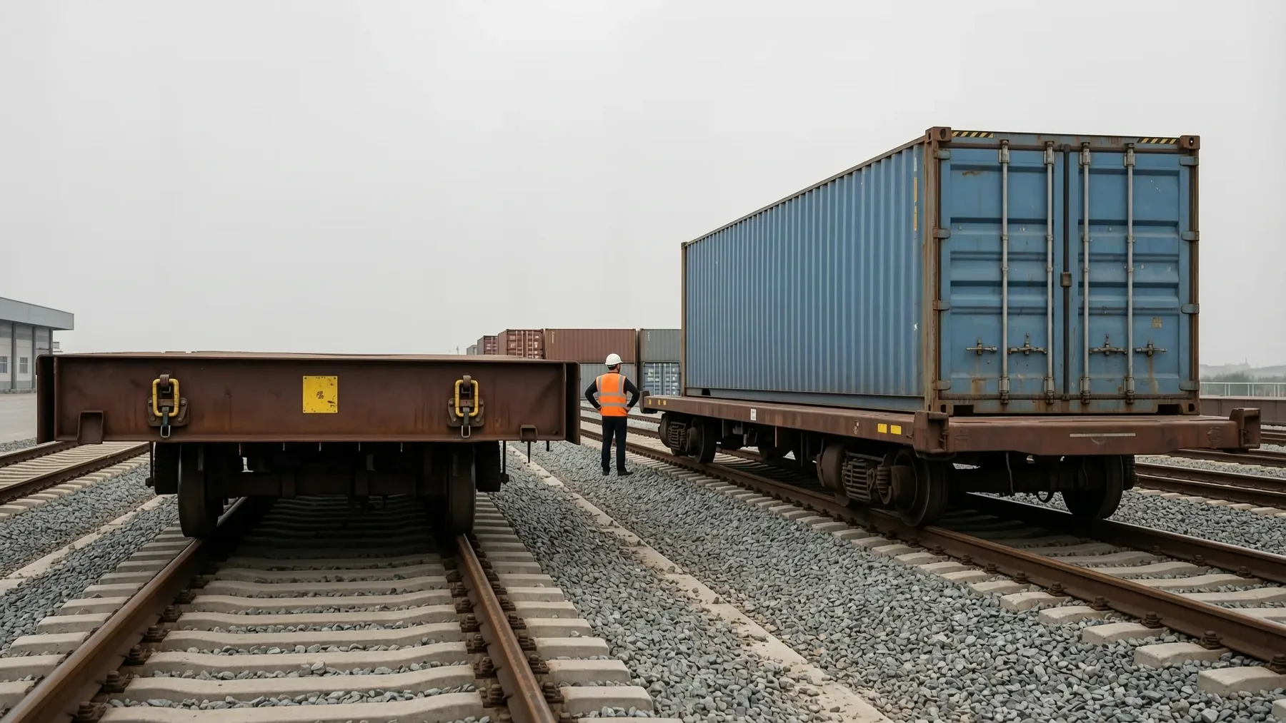 An empty flat wagon alongside a container-loaded flat wagon on parallel tracks at a China-Europe rail transshipment terminal, with a worker standing between them