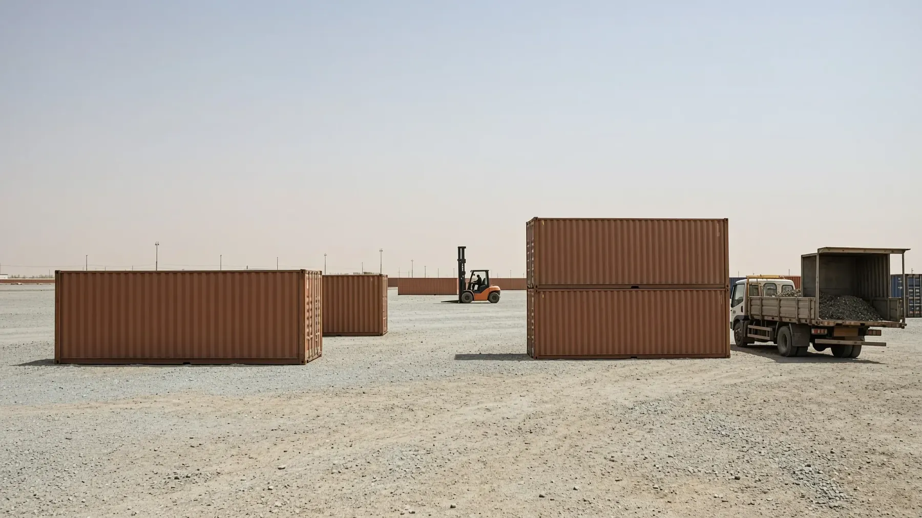 Blank unmarked containers stacked at a dusty inland dry port yard with a forklift and truck in the background, illustrating container transfer on the China to Afghanistan rail corridor