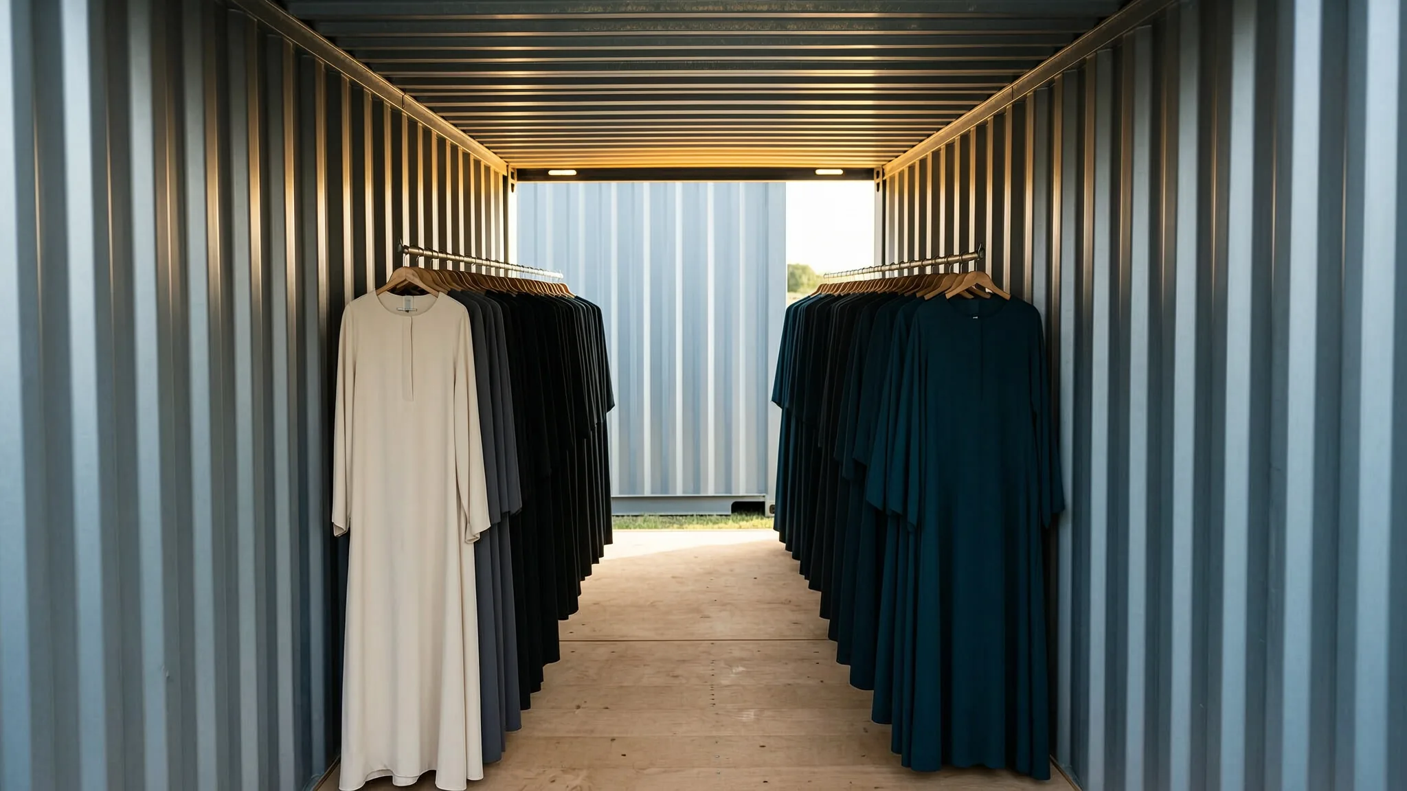 Garments on hangers inside a GOH container bound for Saudi Arabia