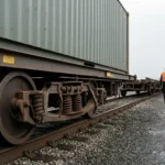 How Much Does Rail Freight from China to Europe Cost in 2026? Rates, Transit Times & Corridor Guide Steel-wheel bogie of a China-Europe block train flat wagon on a yard track, with a terminal worker in an orange hi-vis vest walking along the train